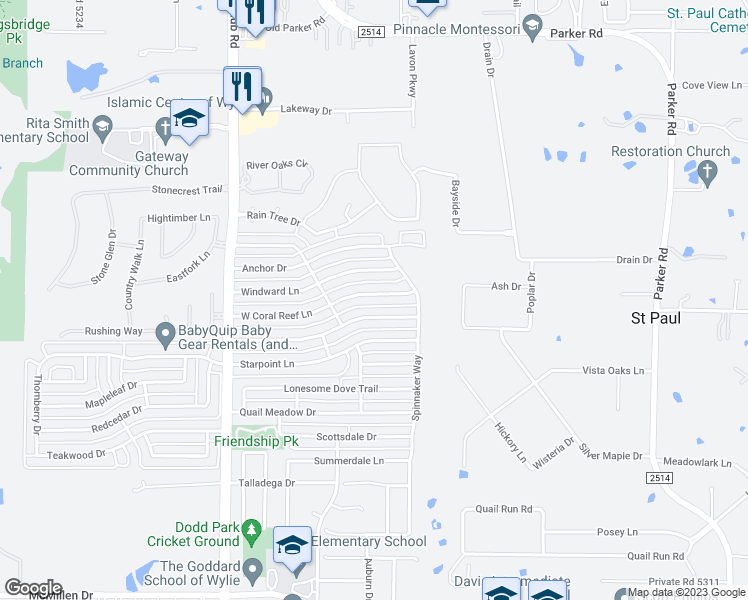 map of restaurants, bars, coffee shops, grocery stores, and more near 1303 West Coral Reef Lane in Wylie