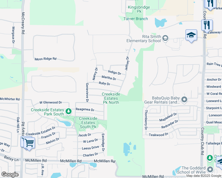 map of restaurants, bars, coffee shops, grocery stores, and more near 3008 Francesca Drive in Wylie