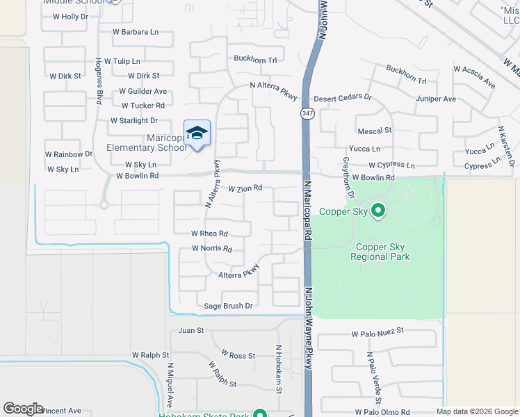 map of restaurants, bars, coffee shops, grocery stores, and more near 17889 North Vera Cruz Avenue in Maricopa