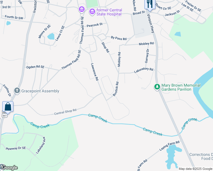 map of restaurants, bars, coffee shops, grocery stores, and more near Bostick Circle in Milledgeville