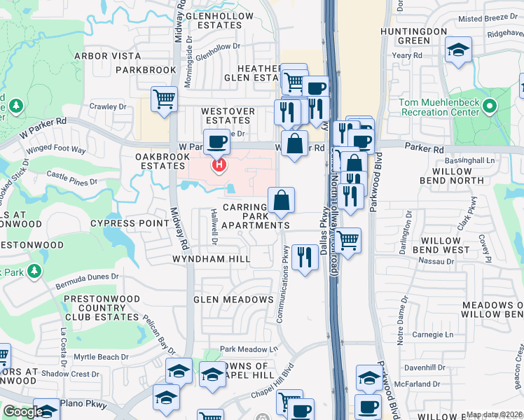 map of restaurants, bars, coffee shops, grocery stores, and more near 6100 West Parker Road in Plano