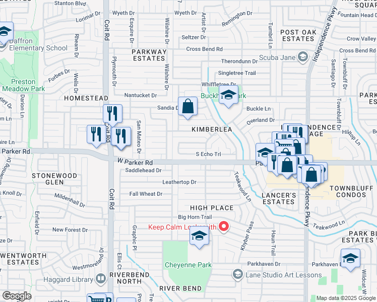 map of restaurants, bars, coffee shops, grocery stores, and more near 3617 South Echo Trail in Plano