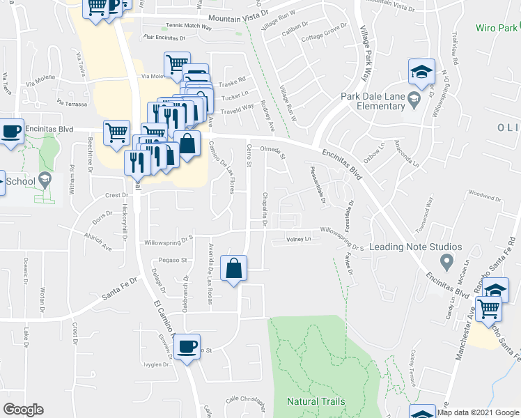 map of restaurants, bars, coffee shops, grocery stores, and more near 280 Chapalita Drive in Encinitas