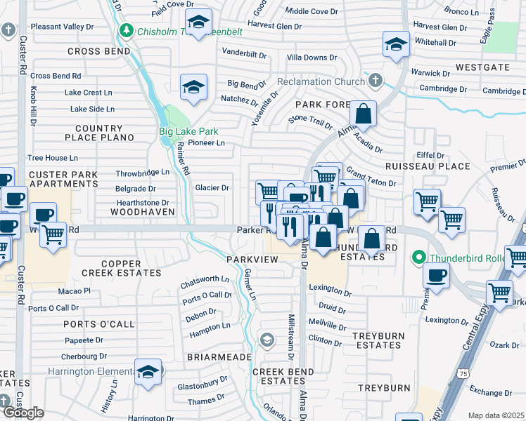 map of restaurants, bars, coffee shops, grocery stores, and more near 1201 Jojoba Court in Plano