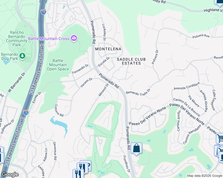 map of restaurants, bars, coffee shops, grocery stores, and more near 18172 Sencillo Drive in San Diego