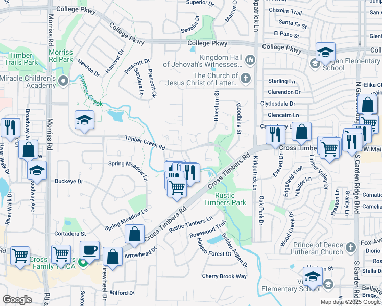 map of restaurants, bars, coffee shops, grocery stores, and more near 1409 Timber Creek Road in Flower Mound
