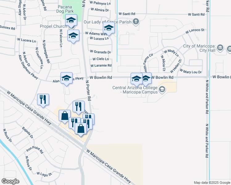 map of restaurants, bars, coffee shops, grocery stores, and more near Alica Court in Maricopa