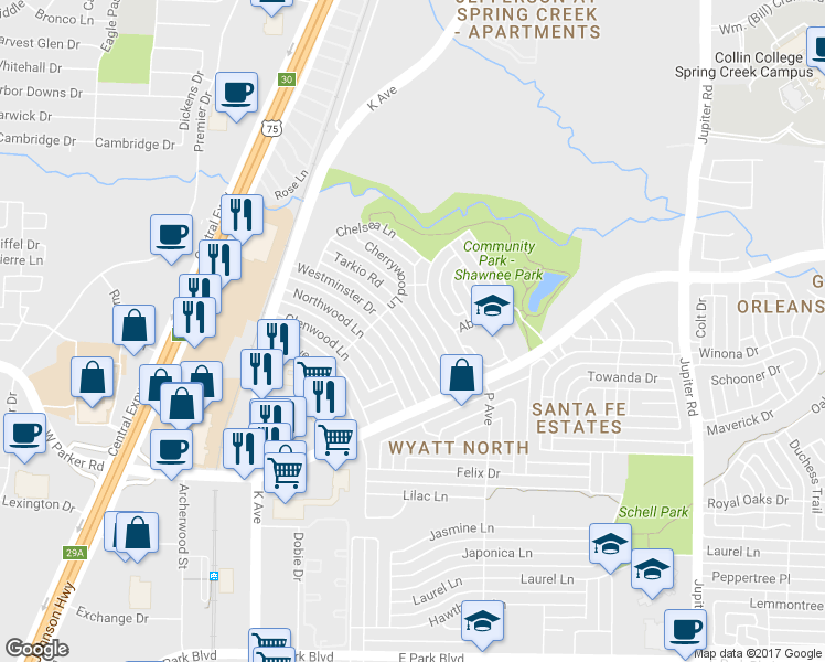 map of restaurants, bars, coffee shops, grocery stores, and more near 3349 Tarkio Road in Plano