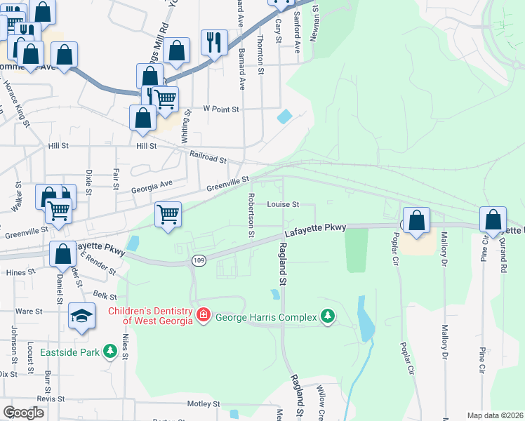 map of restaurants, bars, coffee shops, grocery stores, and more near 6 Louise Street in LaGrange