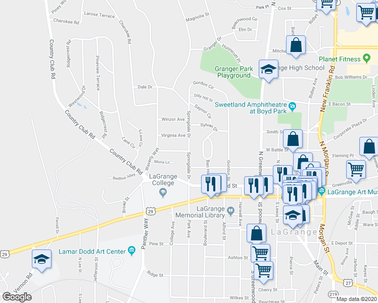 map of restaurants, bars, coffee shops, grocery stores, and more near 298 Springdale Drive in LaGrange