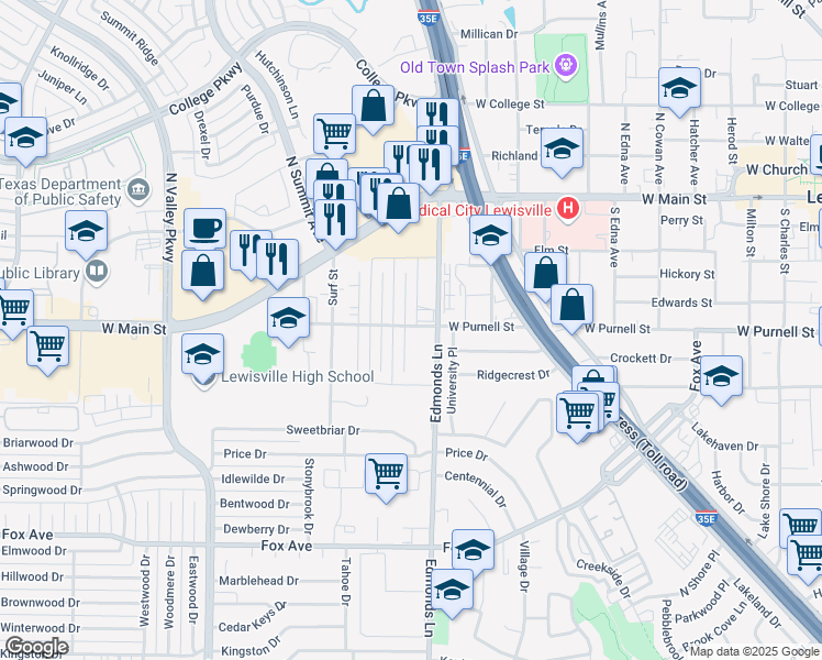 map of restaurants, bars, coffee shops, grocery stores, and more near 601 Prairie Dell Street in Lewisville