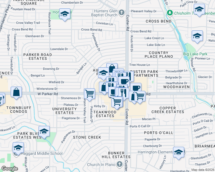 map of restaurants, bars, coffee shops, grocery stores, and more near 3325 Silverstone Drive in Plano