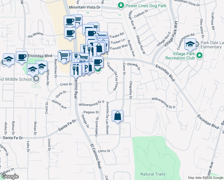 map of restaurants, bars, coffee shops, grocery stores, and more near 308 Camino De Las Flores in Encinitas