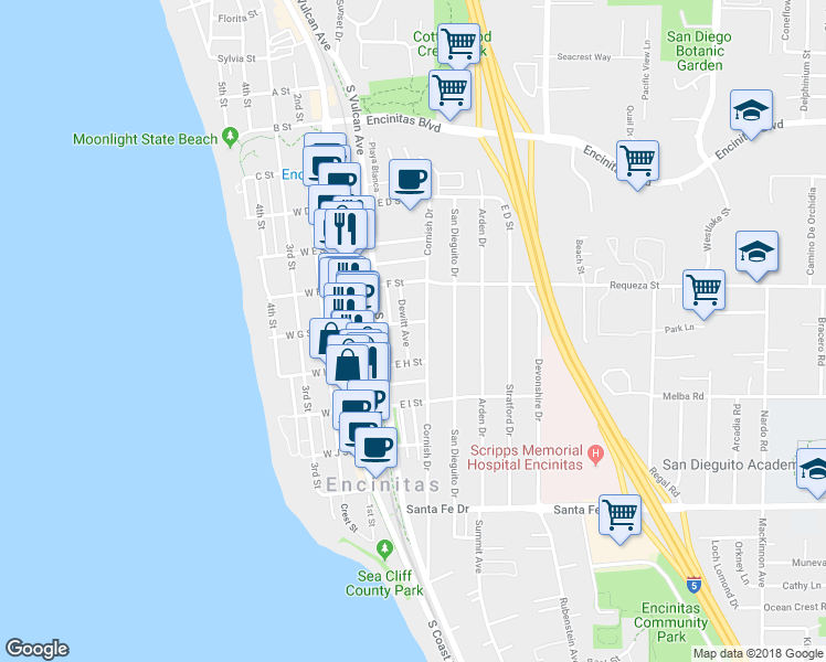 map of restaurants, bars, coffee shops, grocery stores, and more near 811 Dewitt Ave in Encinitas