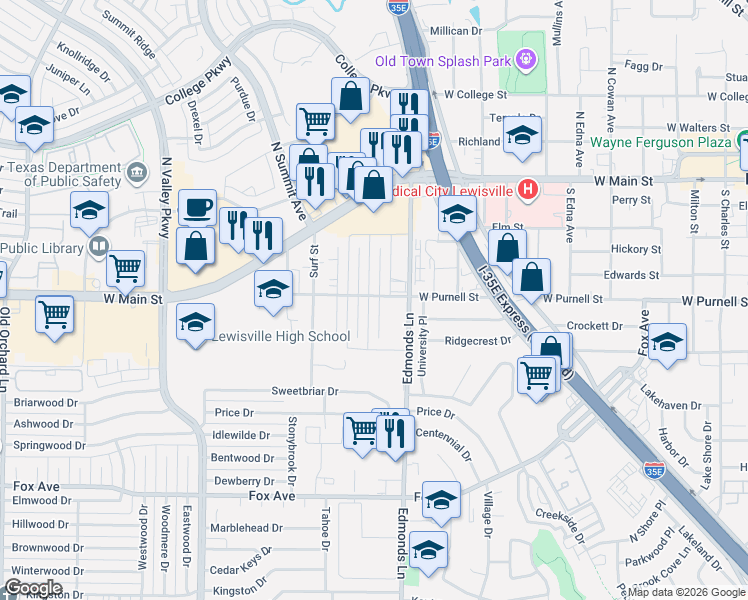 map of restaurants, bars, coffee shops, grocery stores, and more near 601 Prairie Dell Street in Lewisville