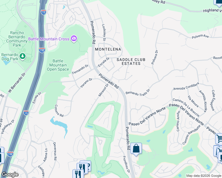 map of restaurants, bars, coffee shops, grocery stores, and more near 18172 Sencillo Drive in San Diego