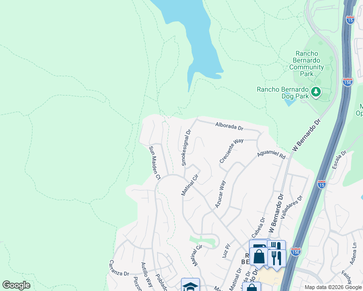 map of restaurants, bars, coffee shops, grocery stores, and more near 18212 Smokesignal Drive in San Diego
