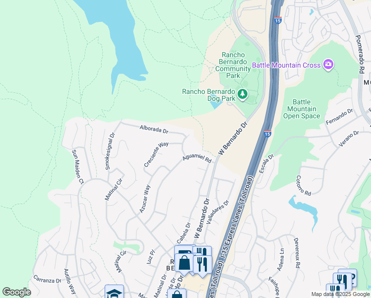 map of restaurants, bars, coffee shops, grocery stores, and more near 17817 Aguacate Way in San Diego