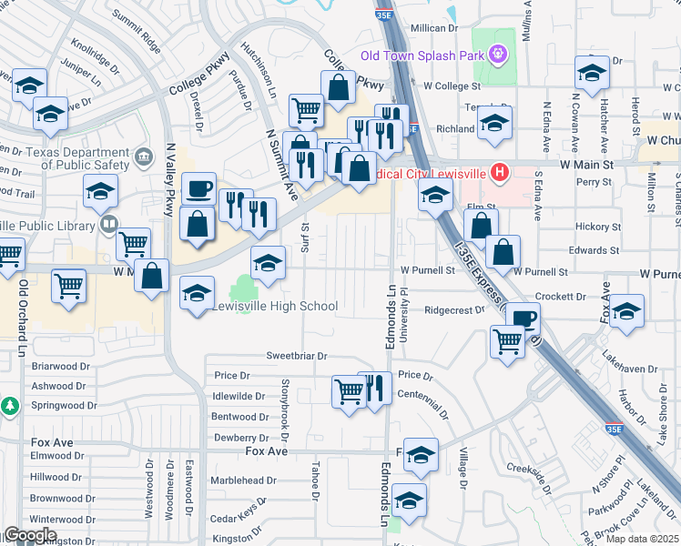 map of restaurants, bars, coffee shops, grocery stores, and more near 602 Harvest Hill Street in Lewisville