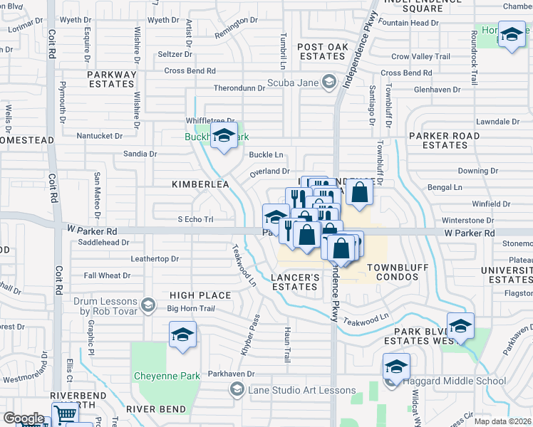 map of restaurants, bars, coffee shops, grocery stores, and more near 3353 Lanarc Dr in Plano