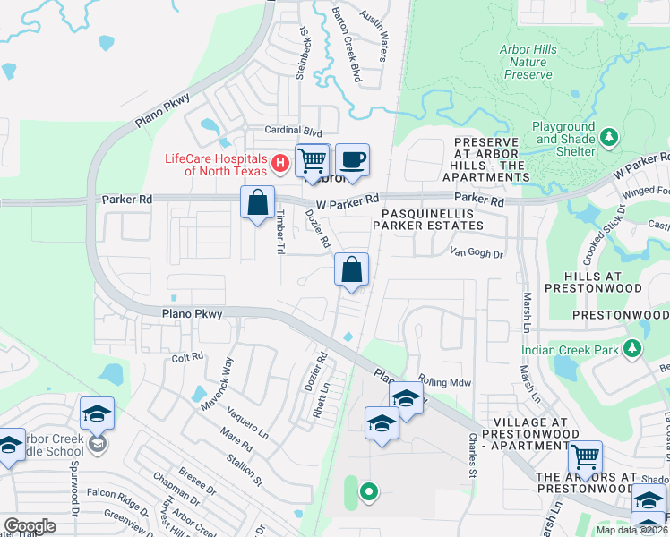 map of restaurants, bars, coffee shops, grocery stores, and more near 4750 Dozier Road in Carrollton