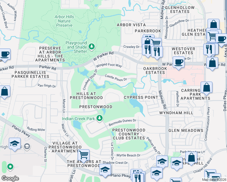 map of restaurants, bars, coffee shops, grocery stores, and more near 3033 Greenhill Drive in Plano