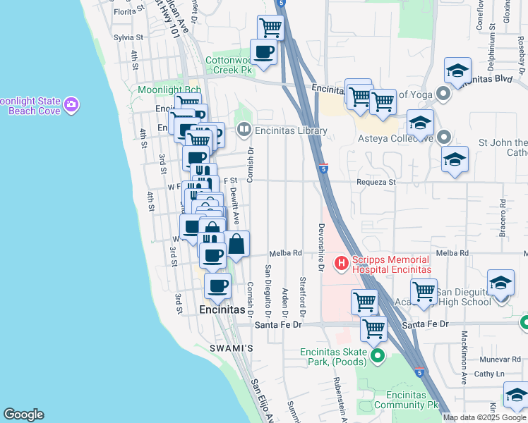 map of restaurants, bars, coffee shops, grocery stores, and more near 822 San Dieguito Drive in Encinitas