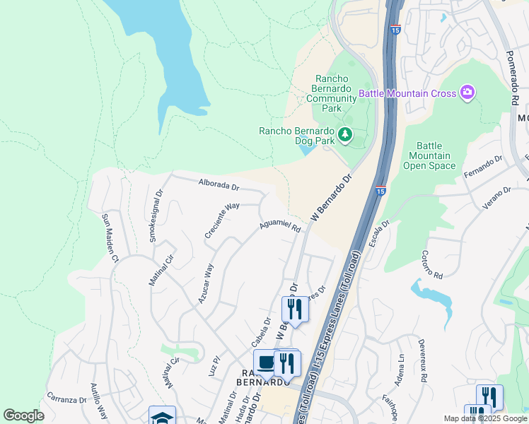 map of restaurants, bars, coffee shops, grocery stores, and more near 17817 Aguacate Way in San Diego