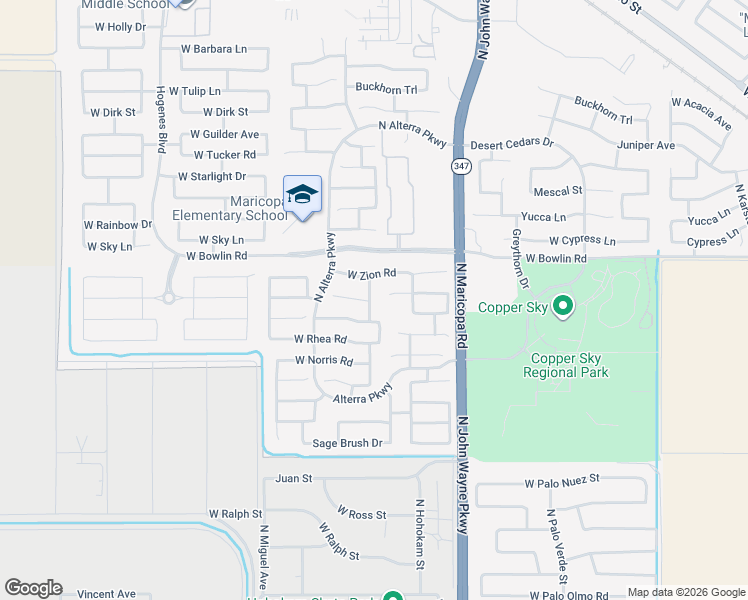 map of restaurants, bars, coffee shops, grocery stores, and more near 17889 North Vera Cruz Avenue in Maricopa
