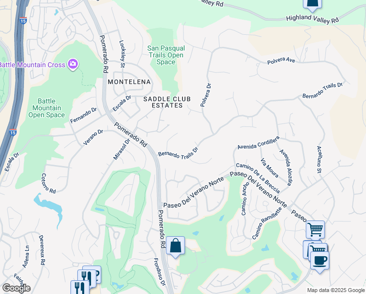 map of restaurants, bars, coffee shops, grocery stores, and more near 18420 Bernardo Trails Drive in San Diego
