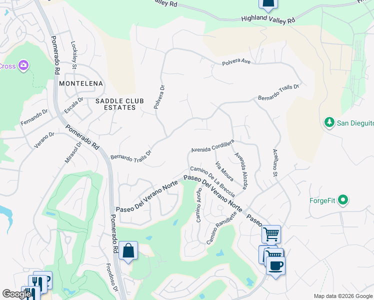 map of restaurants, bars, coffee shops, grocery stores, and more near 17842 Avenida Cordillera in San Diego