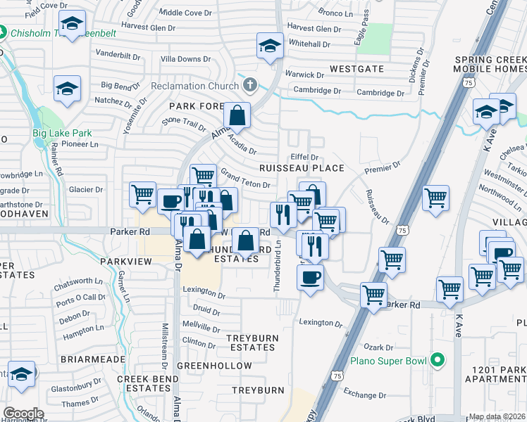 map of restaurants, bars, coffee shops, grocery stores, and more near 3316 John Muir Court in Plano