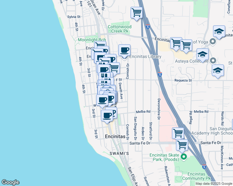 map of restaurants, bars, coffee shops, grocery stores, and more near 807 South Vulcan Avenue in Encinitas