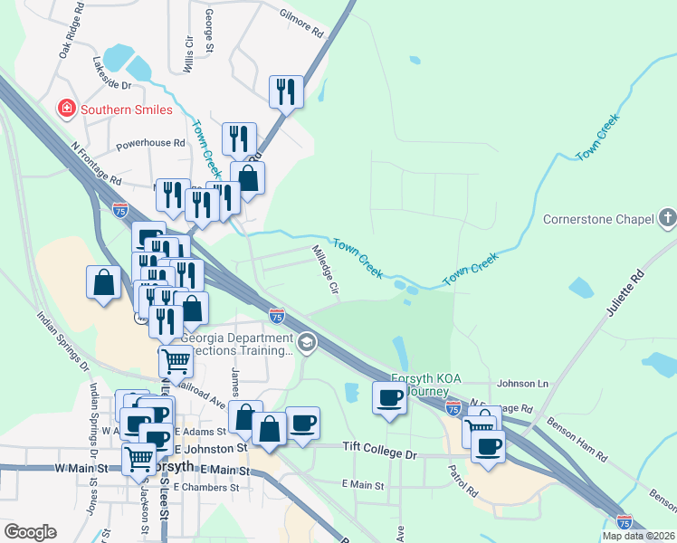 map of restaurants, bars, coffee shops, grocery stores, and more near 83 Milledge Circle in Forsyth