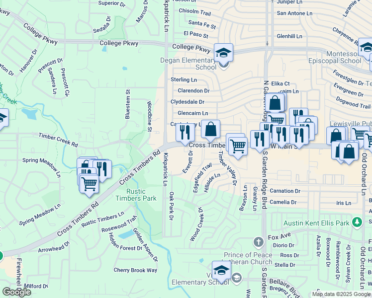 map of restaurants, bars, coffee shops, grocery stores, and more near 1025 Cross Timbers Road in Flower Mound