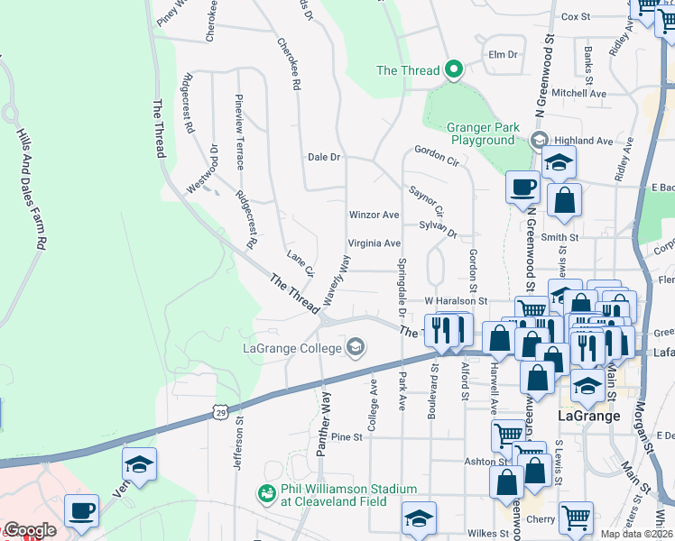map of restaurants, bars, coffee shops, grocery stores, and more near 115 Waverly Way in LaGrange