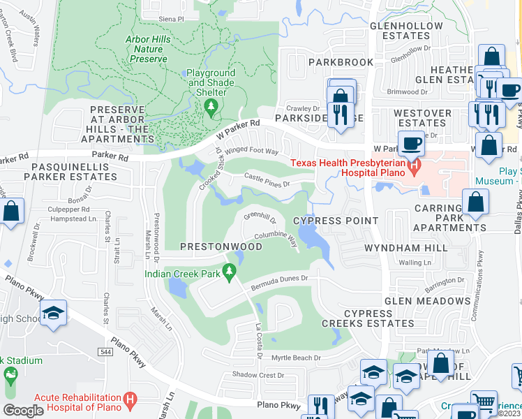 map of restaurants, bars, coffee shops, grocery stores, and more near 3033 Greenhill Drive in Plano