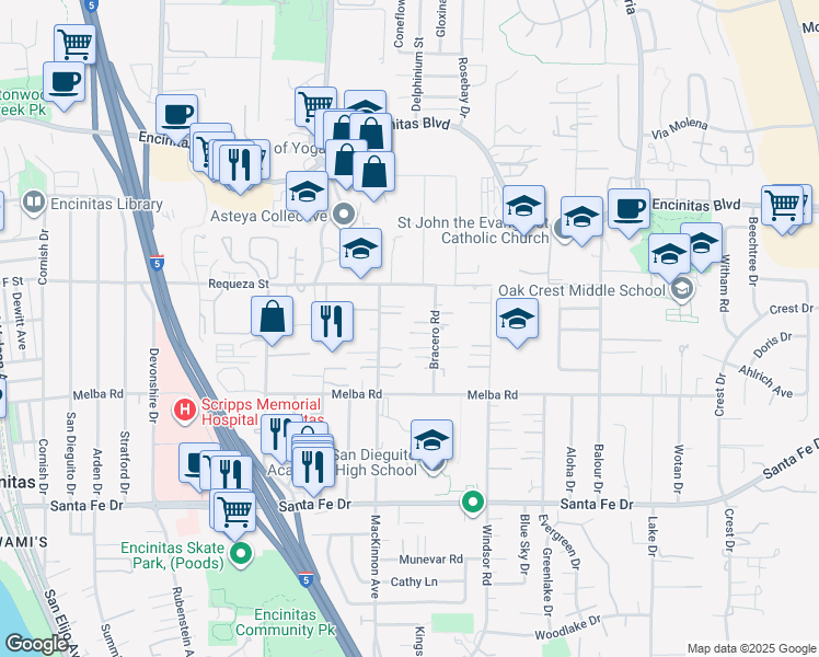 map of restaurants, bars, coffee shops, grocery stores, and more near 826 Bracero Road in Encinitas