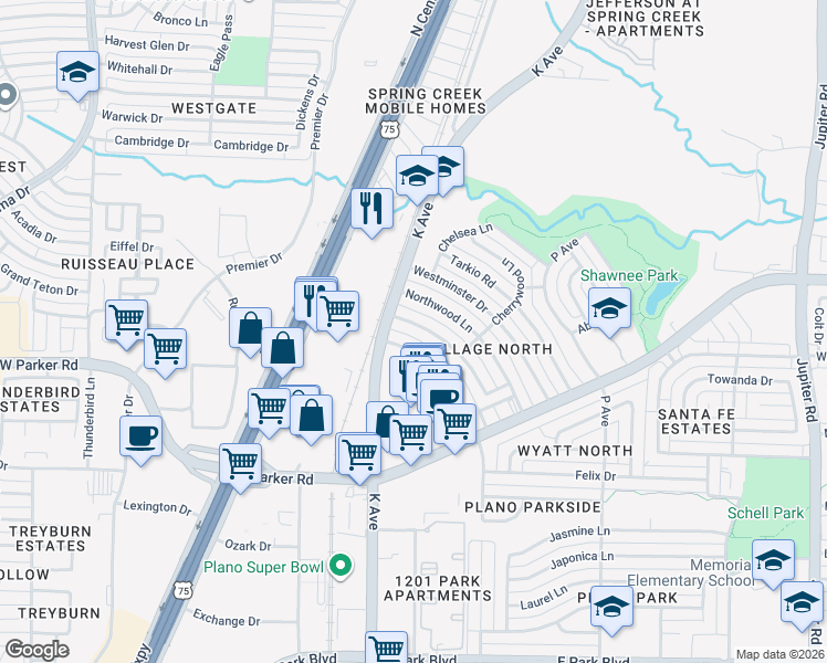 map of restaurants, bars, coffee shops, grocery stores, and more near 3437 Glenwood Ln in Plano