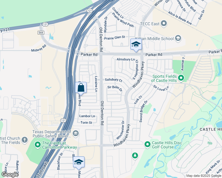 map of restaurants, bars, coffee shops, grocery stores, and more near 2324 Sir Belin Drive in Lewisville
