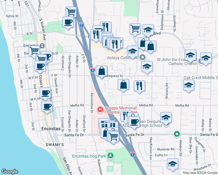 map of restaurants, bars, coffee shops, grocery stores, and more near 810 Regal Road in Encinitas