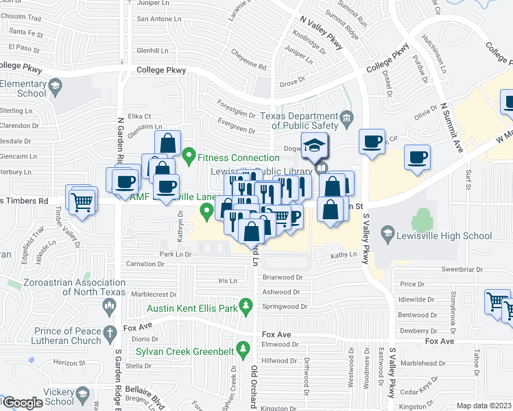 map of restaurants, bars, coffee shops, grocery stores, and more near 503 South Old Orchard Lane in Lewisville