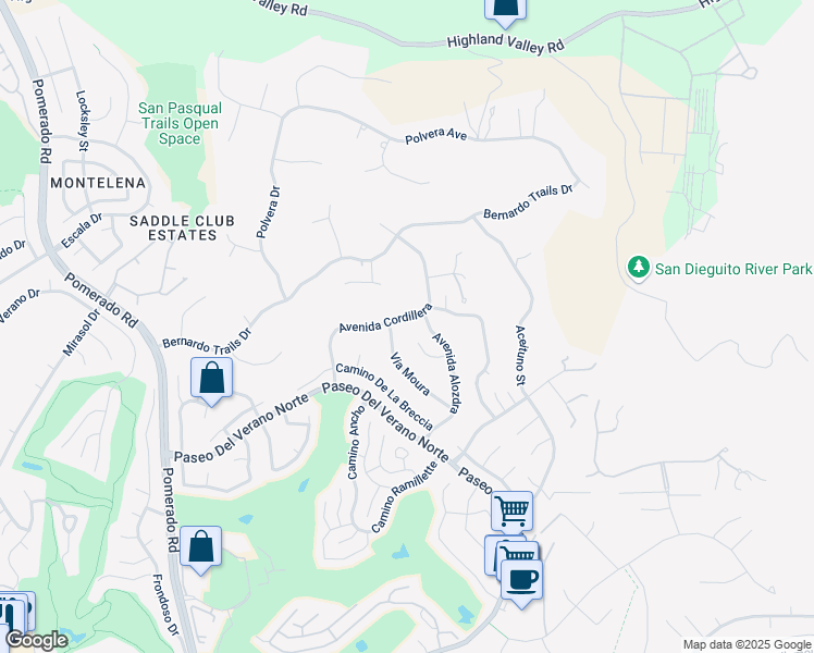 map of restaurants, bars, coffee shops, grocery stores, and more near 17925 Avenida Cordillera in San Diego