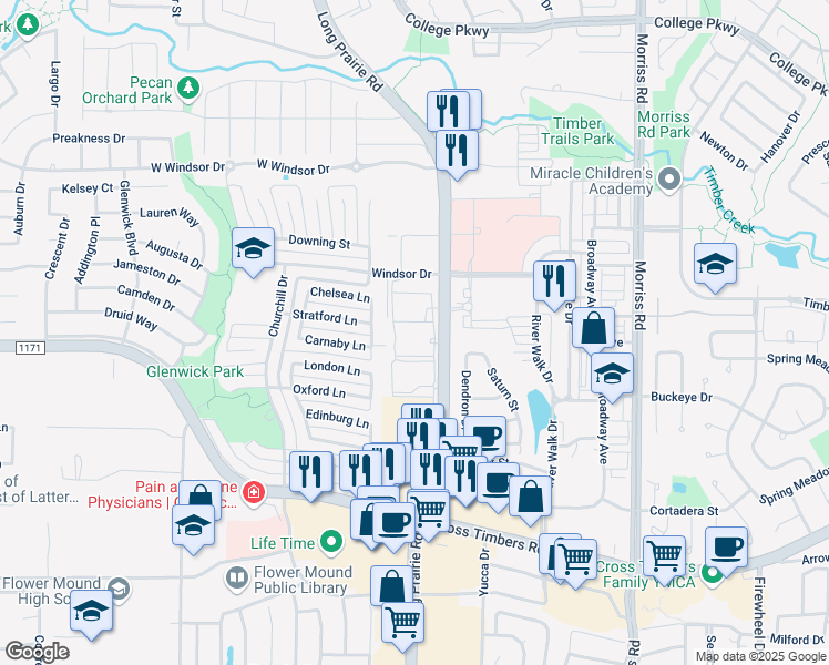 map of restaurants, bars, coffee shops, grocery stores, and more near 4121 Long Prairie Road in Flower Mound