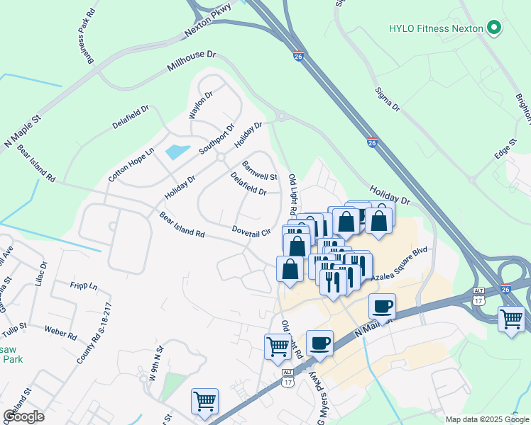 map of restaurants, bars, coffee shops, grocery stores, and more near 115 Donovan Court in Summerville