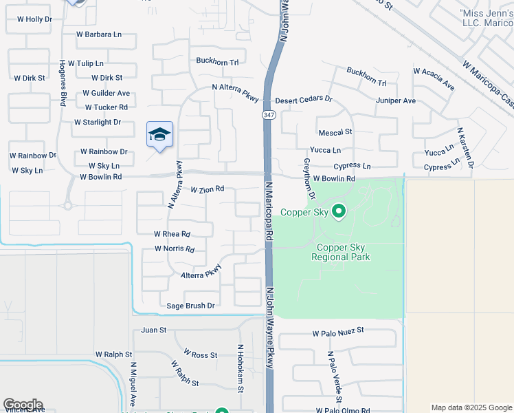 map of restaurants, bars, coffee shops, grocery stores, and more near 44753 West Sandhill Road in Maricopa