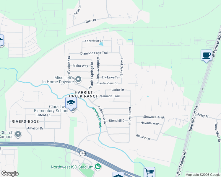 map of restaurants, bars, coffee shops, grocery stores, and more near 1917 Lariat Drive in Justin