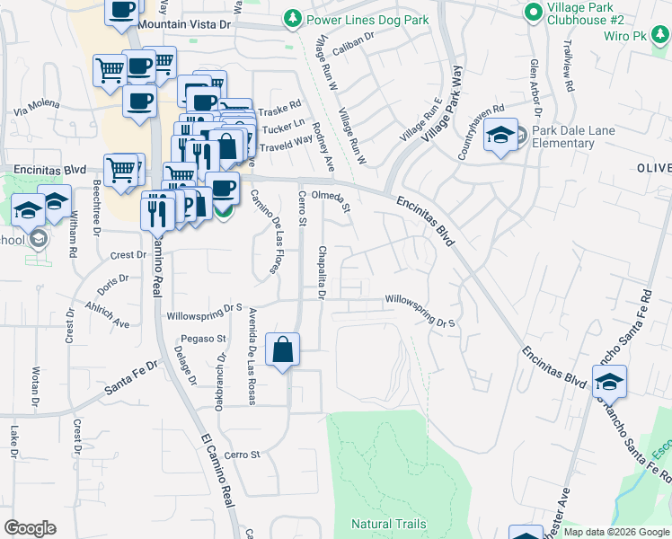 map of restaurants, bars, coffee shops, grocery stores, and more near 1630 Forestdale Drive in Encinitas