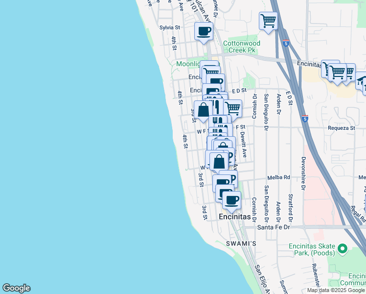 map of restaurants, bars, coffee shops, grocery stores, and more near 754 4th Street in Encinitas