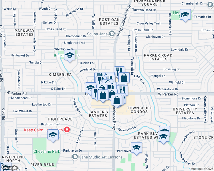 map of restaurants, bars, coffee shops, grocery stores, and more near 3115 West Parker Road in Plano